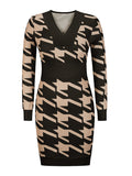 Woochic mini robe pied de poule v-cou manches longues élégant de cocktail