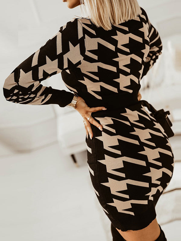 Woochic mini robe pied de poule v-cou manches longues élégant de cocktail