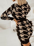 Woochic mini robe pied de poule v-cou manches longues élégant de cocktail