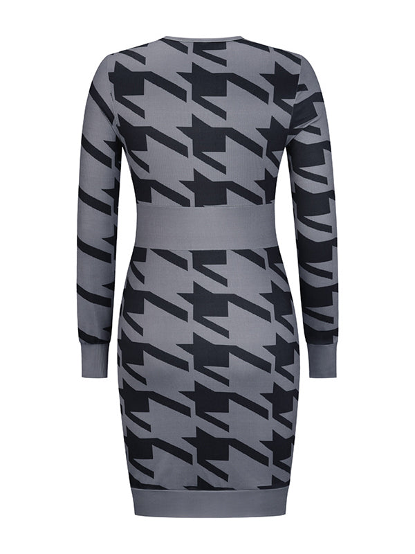 Woochic mini robe pied de poule v-cou manches longues élégant de cocktail