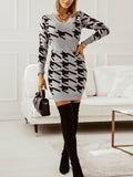 Woochic mini robe pied de poule v-cou manches longues élégant de cocktail