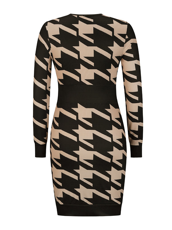 Woochic mini robe pied de poule v-cou manches longues élégant de cocktail