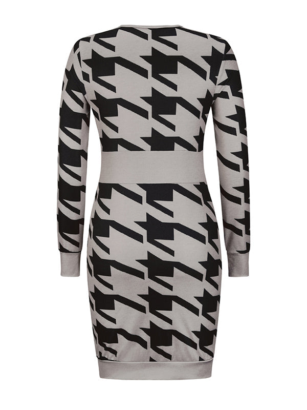 Woochic mini robe pied de poule v-cou manches longues élégant de cocktail