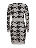 Woochic mini robe pied de poule v-cou manches longues élégant de cocktail