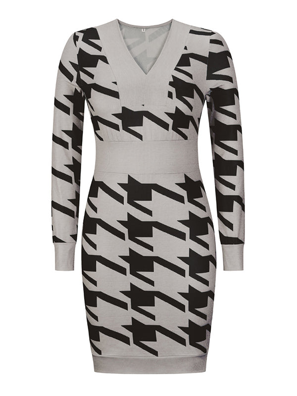 Woochic mini robe pied de poule v-cou manches longues élégant de cocktail