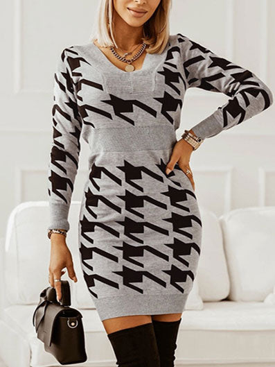 Woochic mini robe pied de poule v-cou manches longues élégant de cocktail Gris pâle S