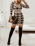 Woochic mini robe pied de poule v-cou manches longues élégant de cocktail