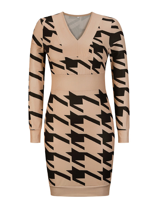Woochic mini robe pied de poule v-cou manches longues élégant de cocktail