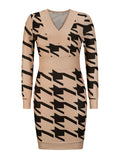 Woochic mini robe pied de poule v-cou manches longues élégant de cocktail