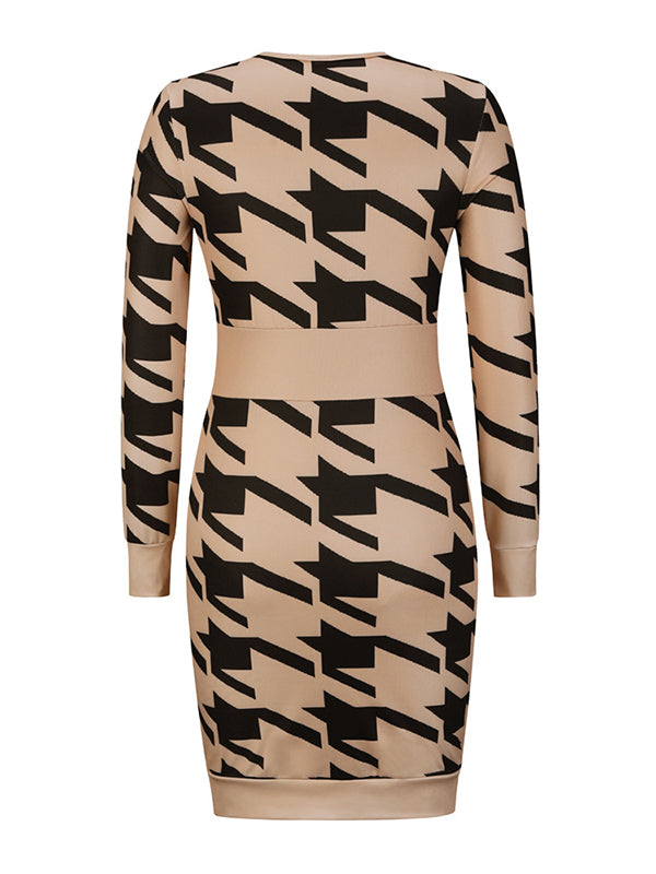 Woochic mini robe pied de poule v-cou manches longues élégant de cocktail