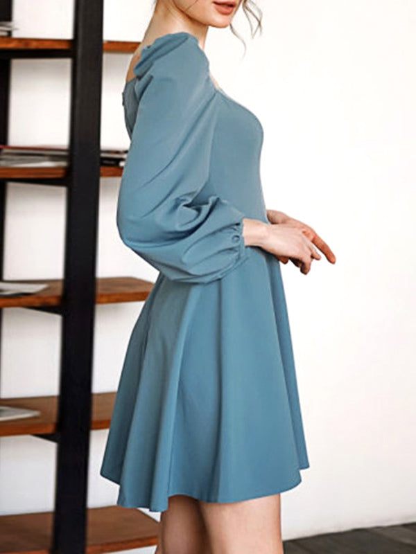 Woochic mini-robe trapèze col carré manches bouffantes élégant bal de promo bleu