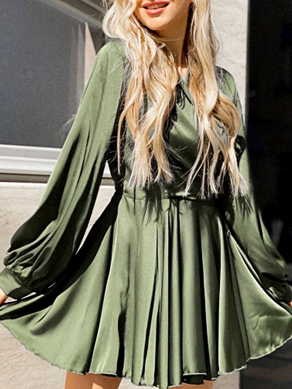 Woochic mini-robe trapèze satin avec ceinture v-cou manches longues doux cocktail Vert armée S