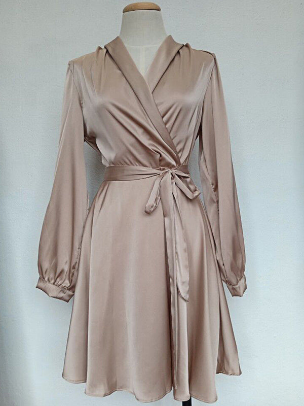Woochic mini-robe trapèze satin avec ceinture v-cou manches longues doux cocktail