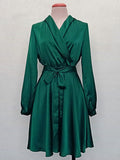 Woochic mini-robe trapèze satin avec ceinture v-cou manches longues doux cocktail