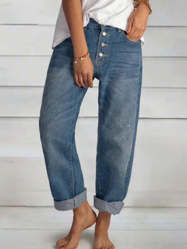 Woochic pantalons longue en jeans boutons décontracté ample vintage femme Bleu S