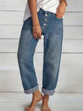Woochic pantalons longue en jeans boutons décontracté ample vintage femme Bleu S