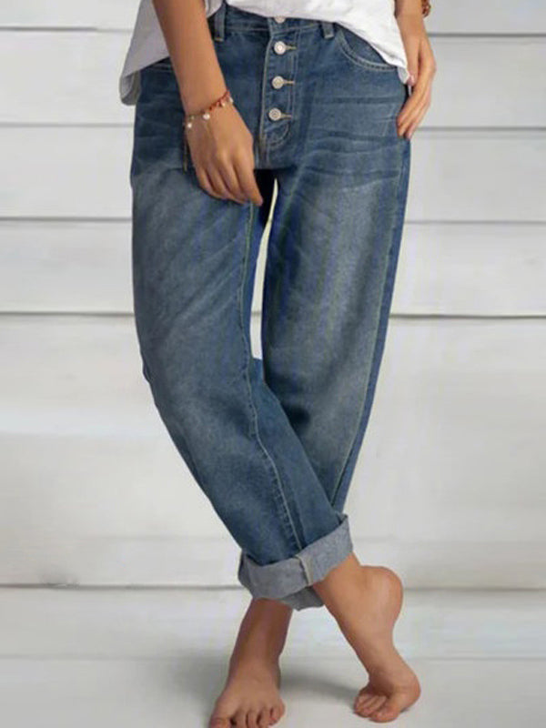 Woochic pantalons longue en jeans boutons décontracté ample vintage femme