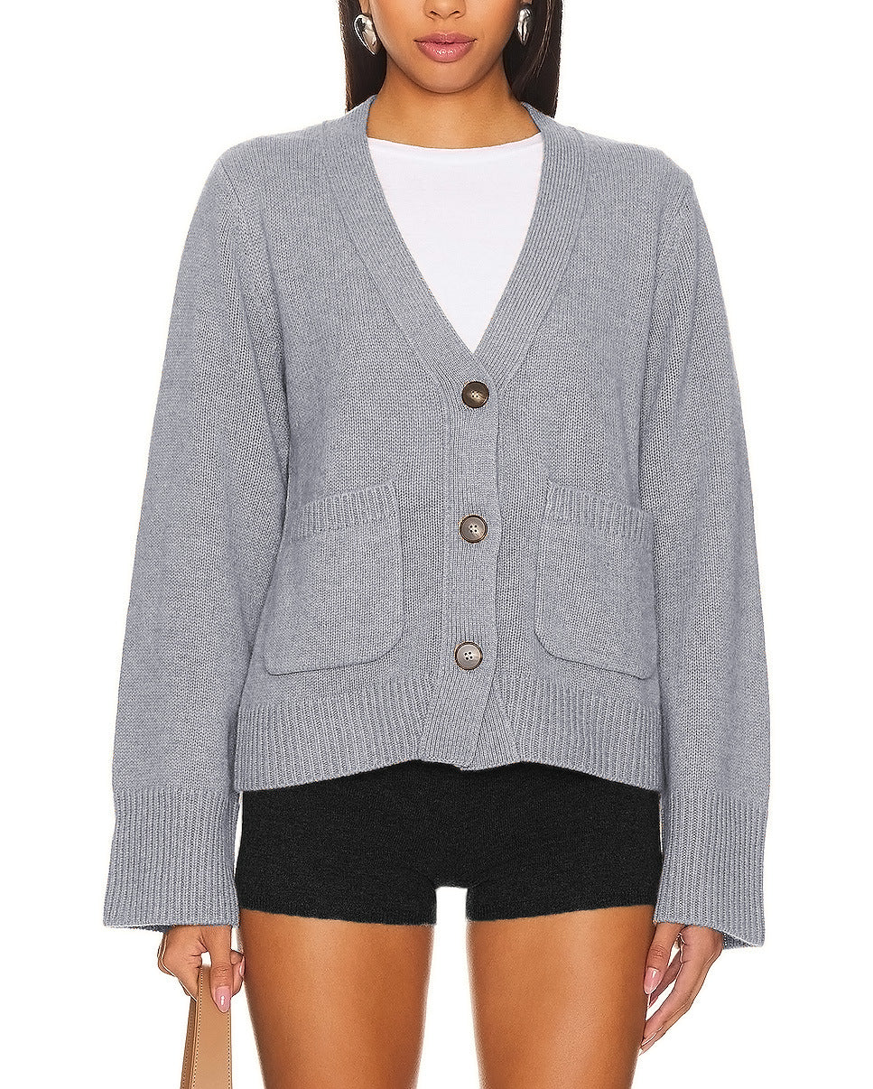 Woochic pull cardigan col en v décontracté à manches longues gris clair S
