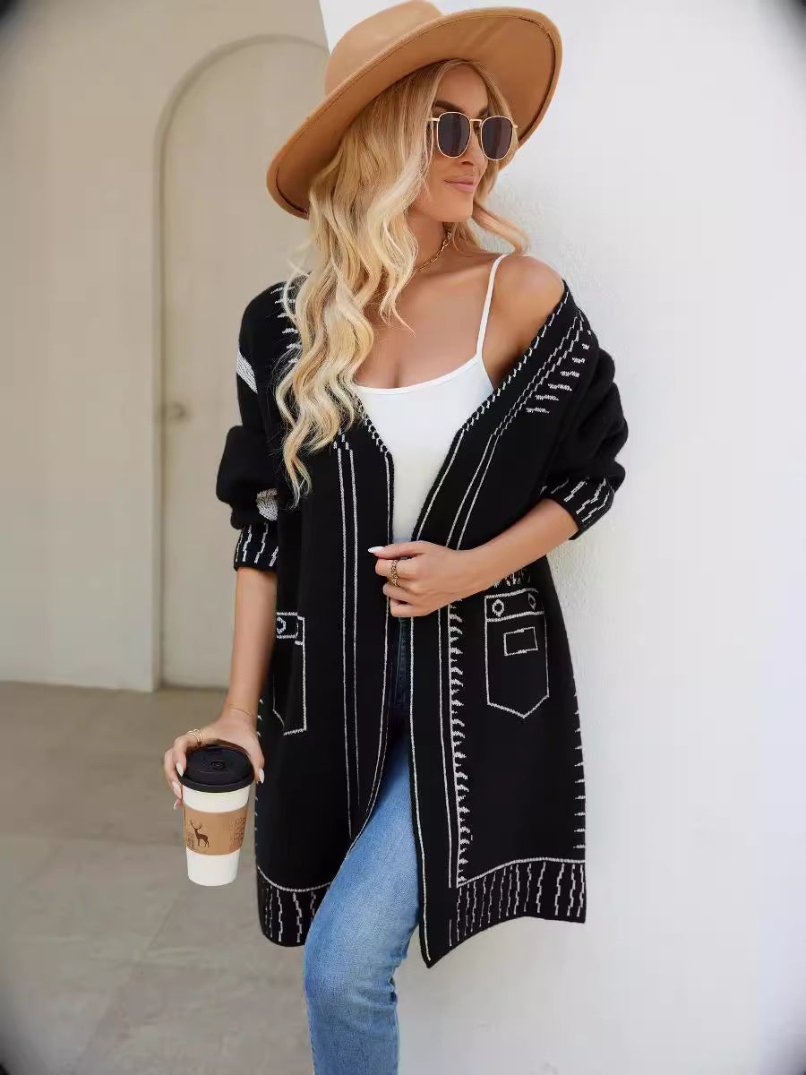 Woochic pull cardigan col en v motif de dessin animé tricoté noir S