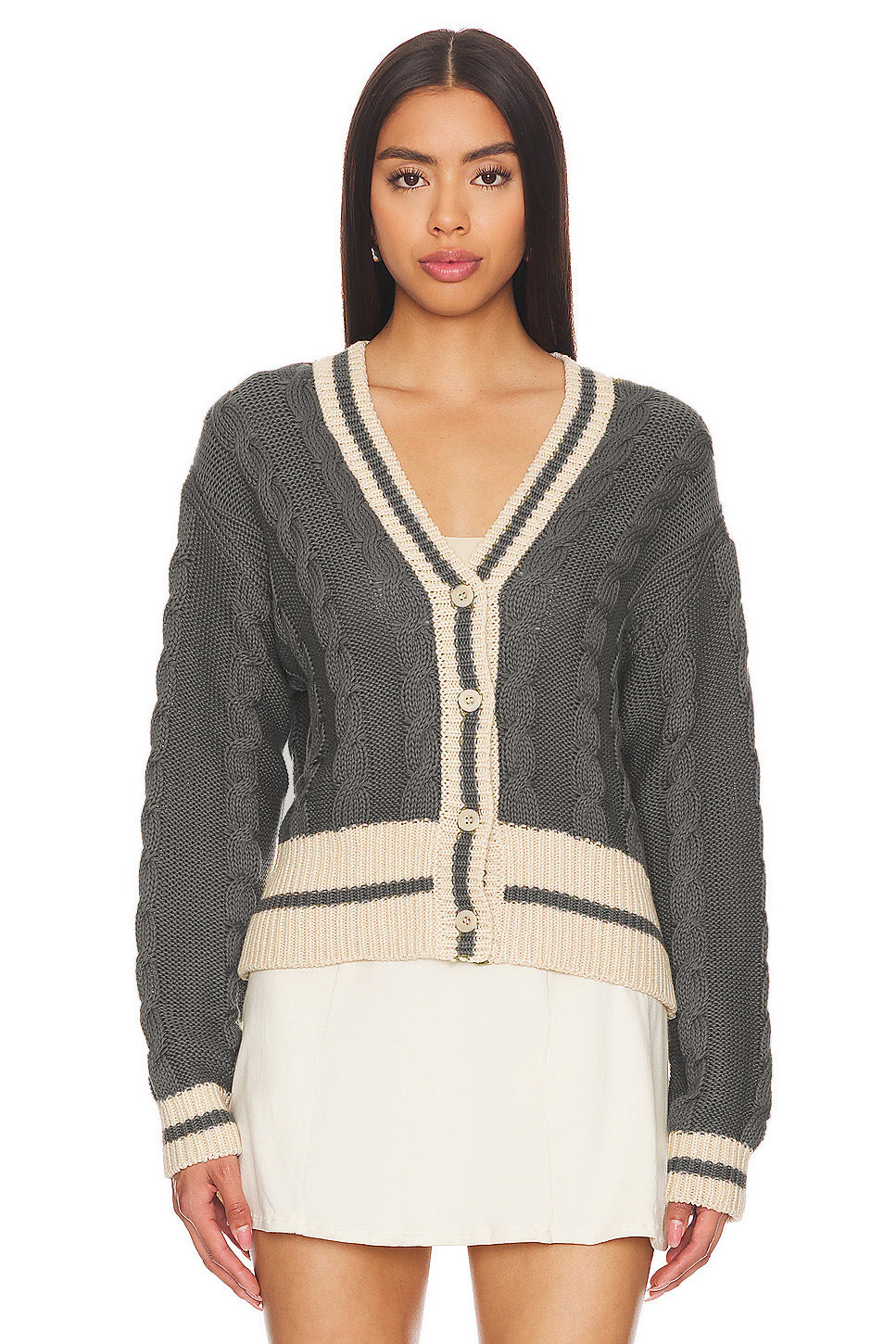 Woochic pull cardigan col en v tricoté lâche coloré gris clair S