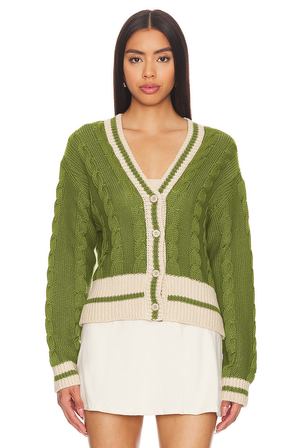 Woochic pull cardigan col en v tricoté lâche coloré vert S