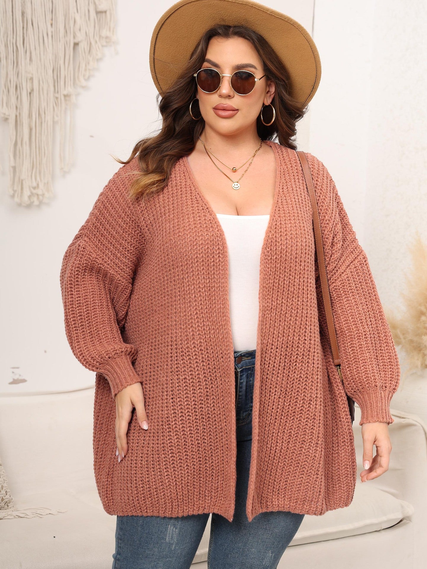 Woochic pull cardigan grande taille femme col en V rose 1XL