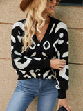 Woochic pull cardigan imprimé léopard col en v tricoté noir S
