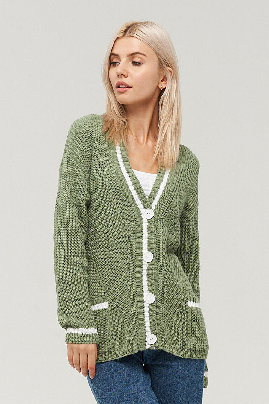 Woochic pull cardigan tricoté col en v manches longues avec poches vert S