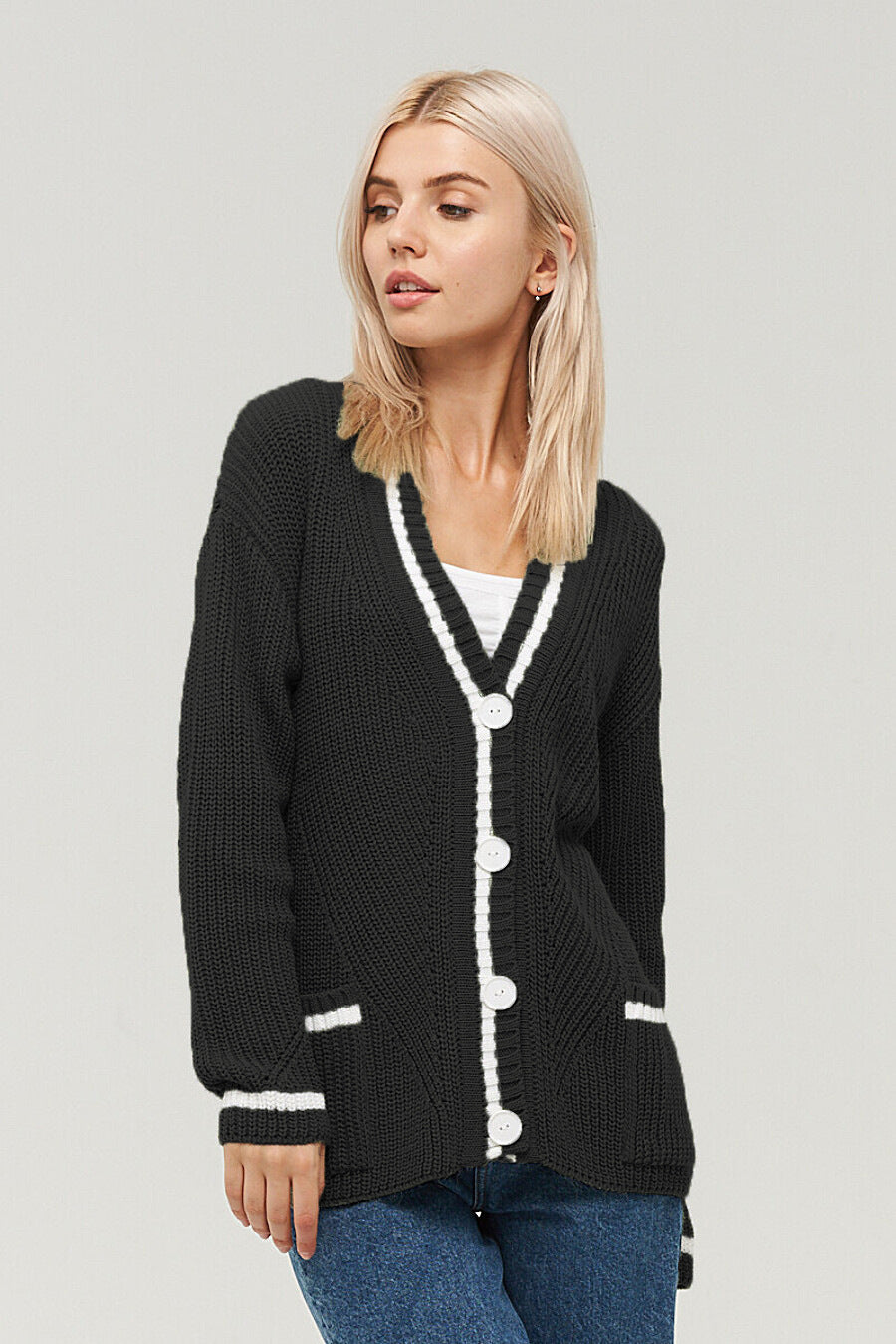 Woochic pull cardigan tricoté col en v manches longues avec poches noir S