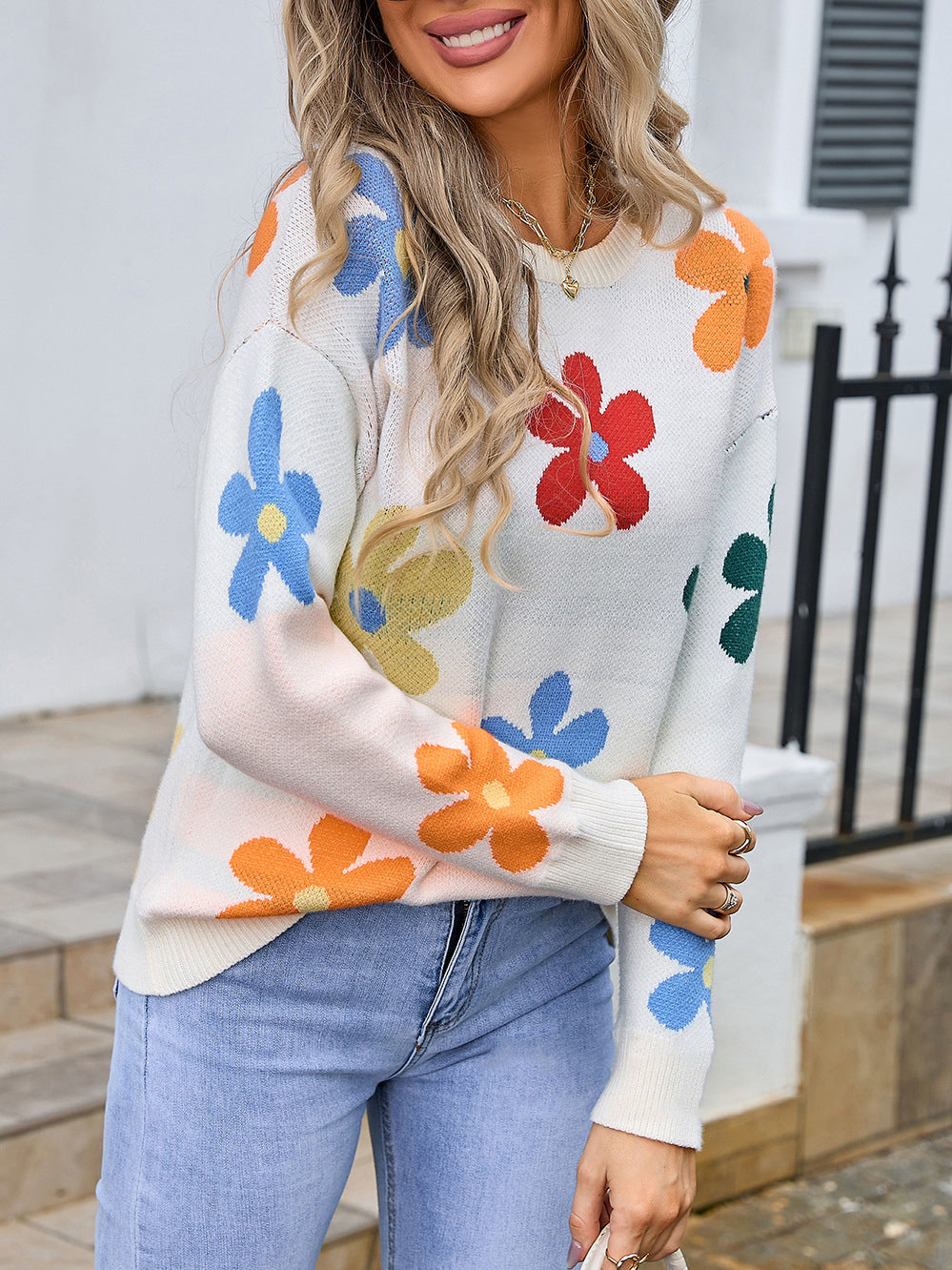 Woochic pull col en rond imprimé floral contrasté manches longue blanc S