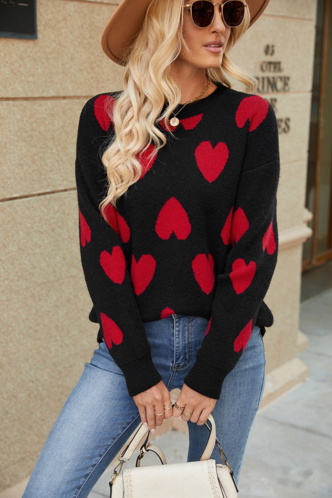 Woochic pull col en rond tricoté imprimé cœur noir S