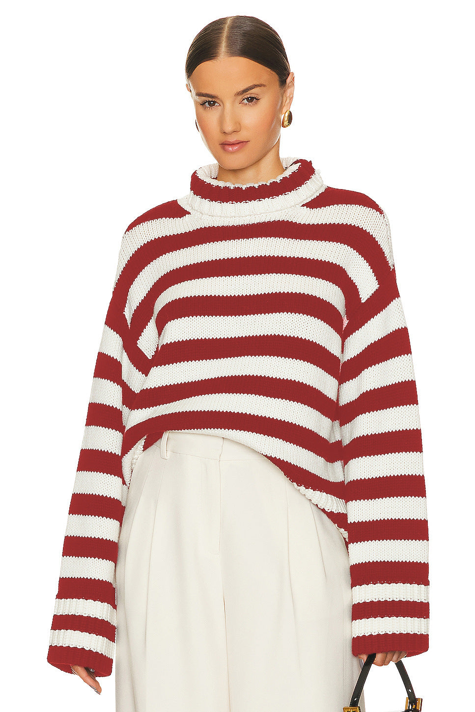 Woochic pull col montant rayée tricoté manches longues rose 1 S