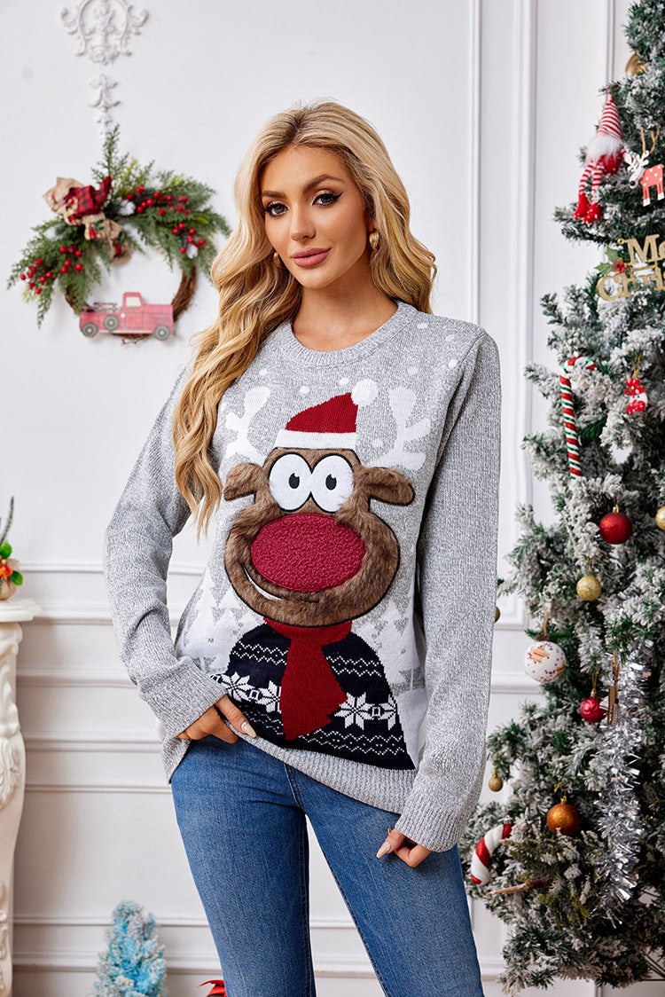Woochic pull de Noël brodé tricoté motif renne gris S
