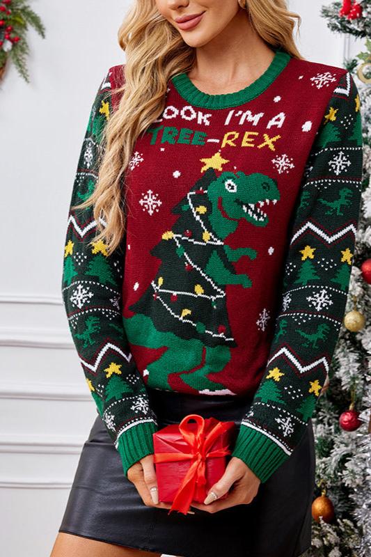 Woochic pull de Noël col en rond motif dinosaure rouge vineux S