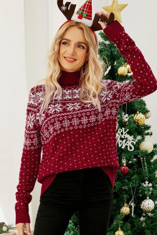 Woochic pull de Noël col haut motif de flocons de neige en jacquard rouge S