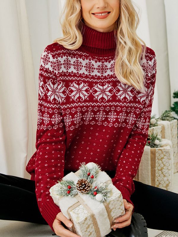 Woochic pull de Noël col haut motif de flocons de neige en jacquard