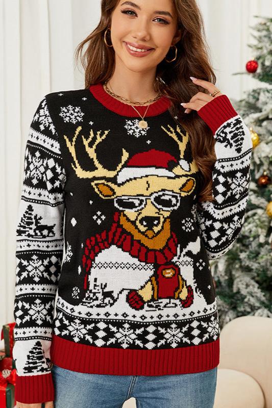 Woochic pull de Noël élan jacquard tricoté col rond contrasté noir S