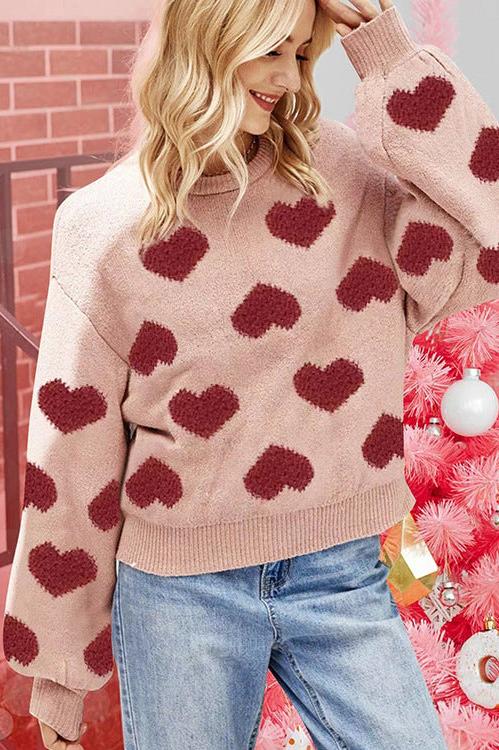 Woochic pull de Noël manches bouffantes motif cœur jacquard rose S