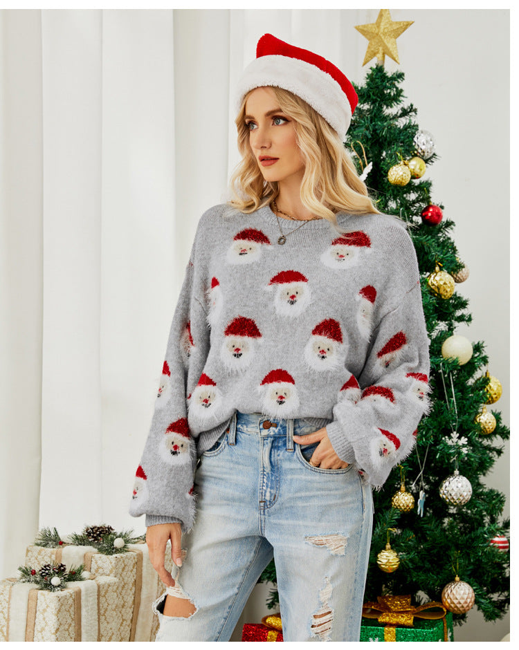 Woochic pull de Noël manches lanternes motif de tête de Père