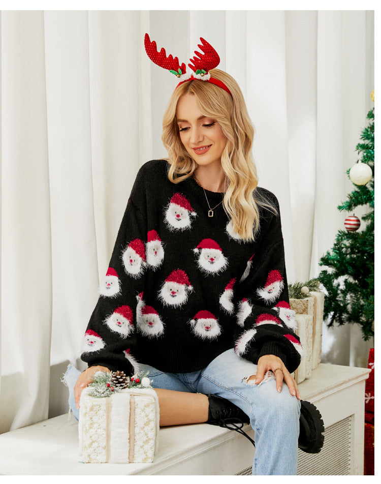 Woochic pull de Noël manches lanternes motif de tête de Père