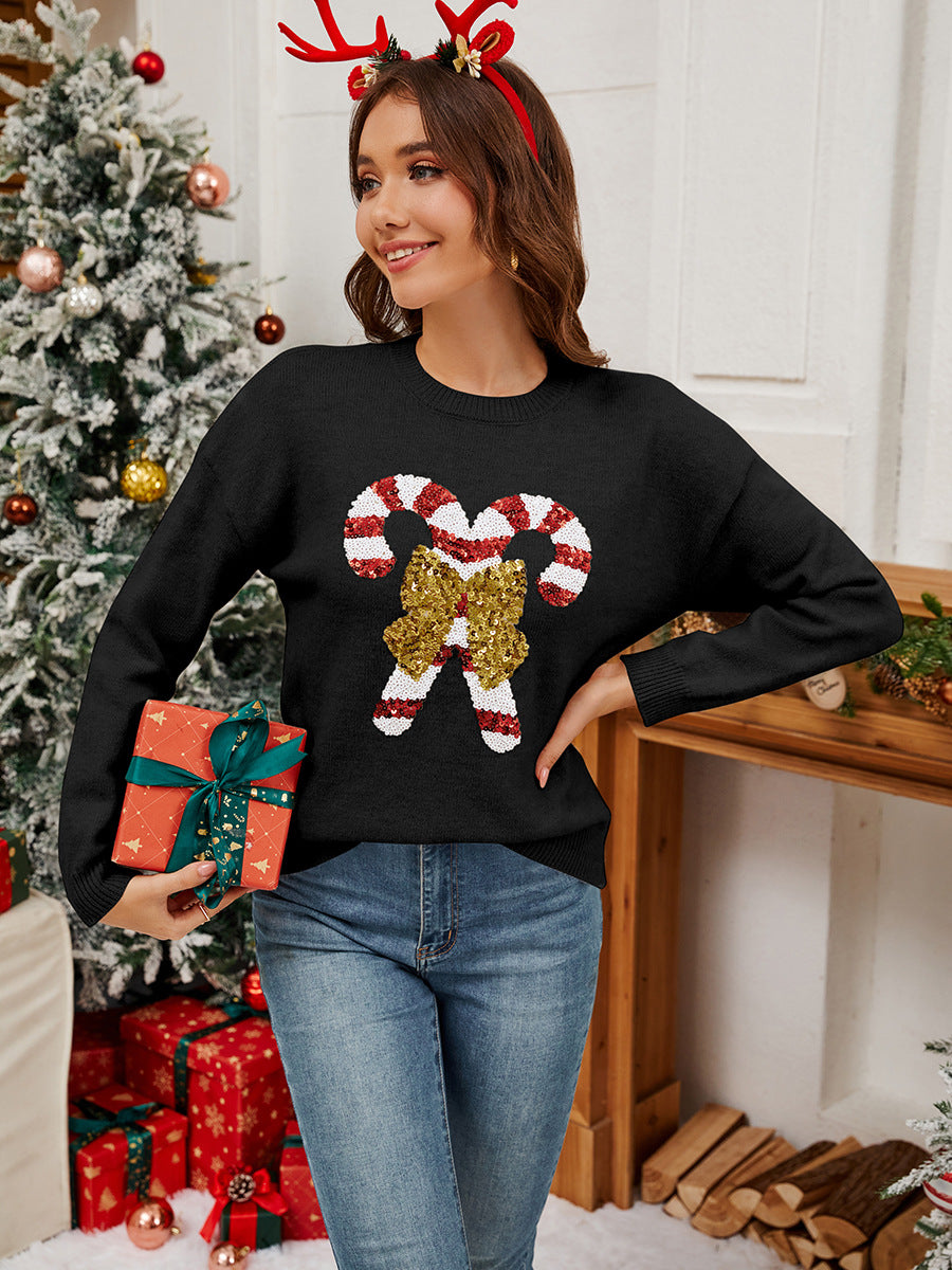 Woochic pull de Noël motif de béquille et d’un nœud brodé sequins scintillants