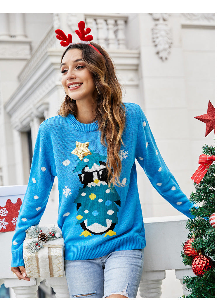 Woochic pull de Noël paillettes scintillantes tricoté motif pingouin
