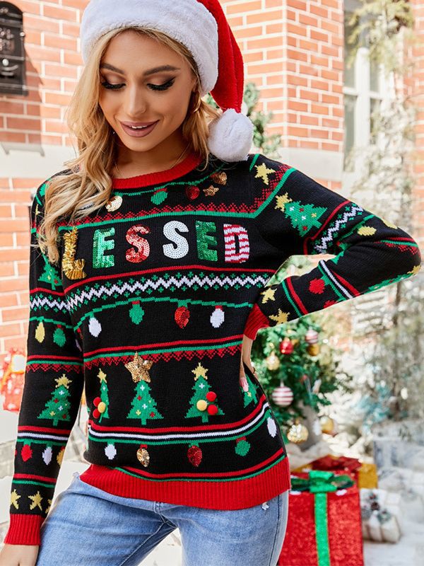 Woochic pull de Noël sapin brodé tricoté paillettes scintillantes