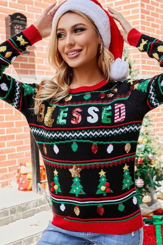 Woochic pull de Noël sapin brodé tricoté paillettes scintillantes noir S