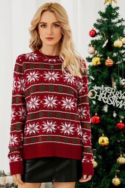 Woochic pull de Noël tricoté motif de flocons de neige rouge S