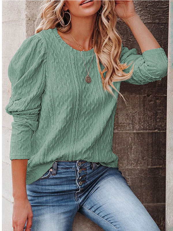 Woochic pull épaule tombante plissé col rond manches longues femme casual Vert sauge S
