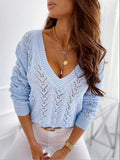 Woochic pull épaule tombante v-cou manches longues femme casual Bleu ciel S