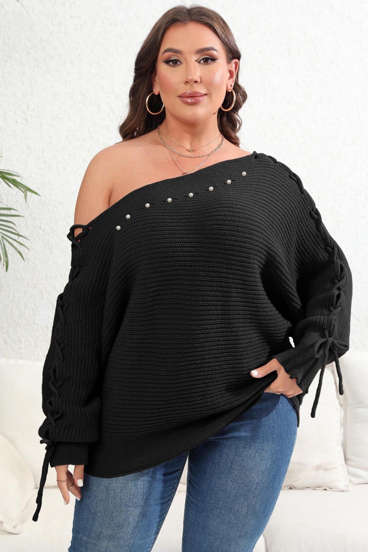 Woochic pull grande taille femme col bateau manches chauve-souris épaules dénudées noir 1XL