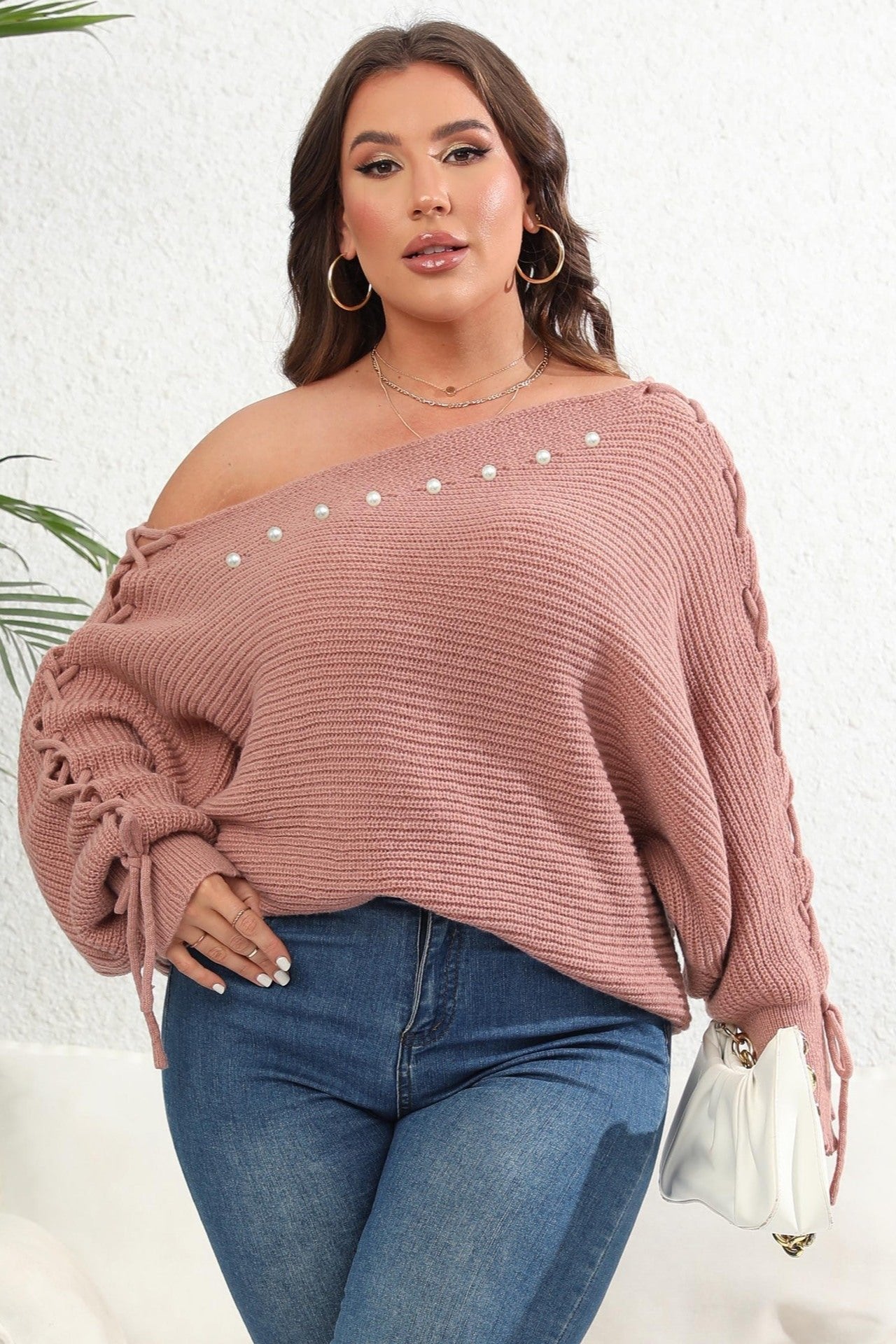 Woochic pull grande taille femme col bateau manches chauve-souris épaules dénudées rose 1XL
