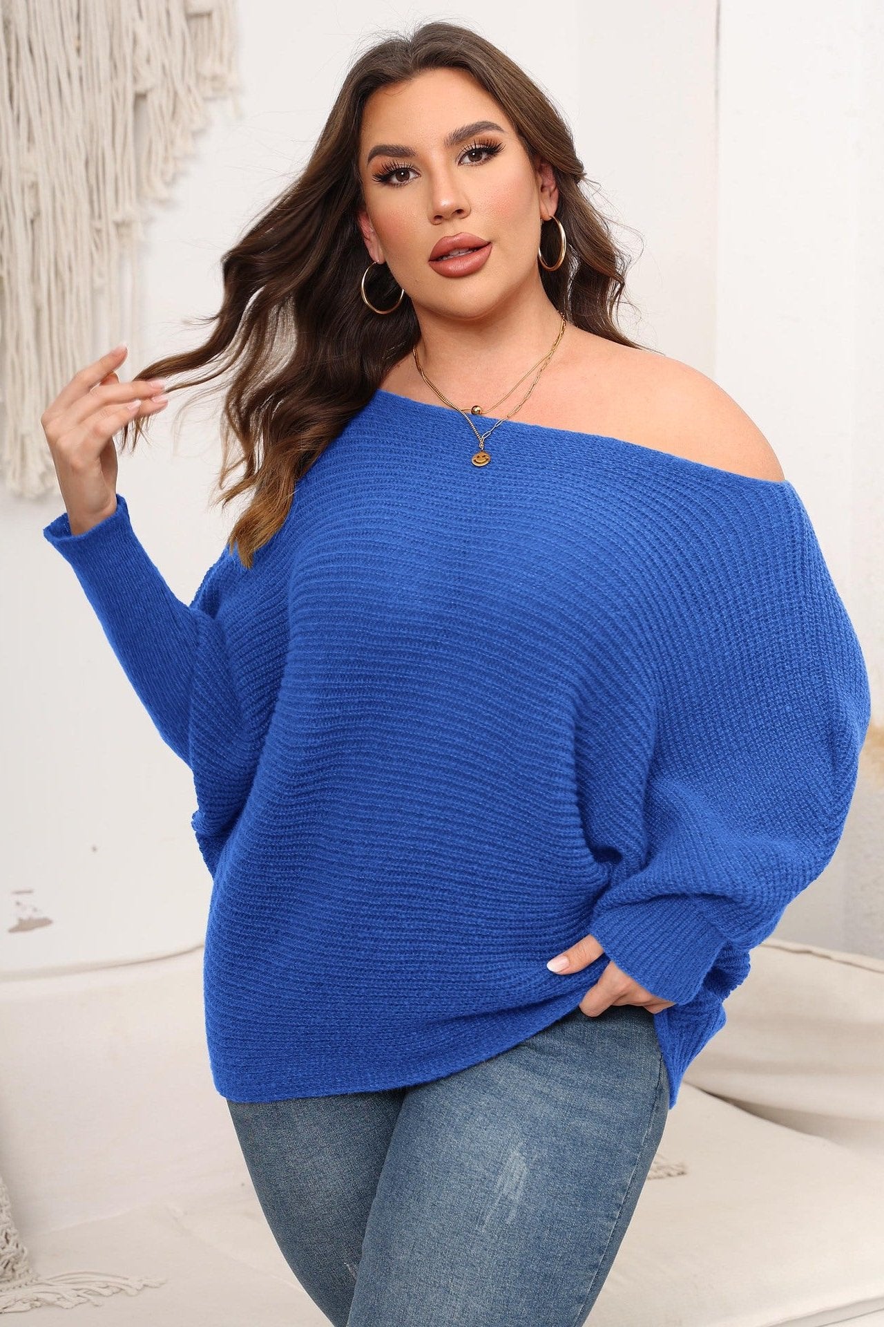 Woochic pull grande taille femme col droit épaules dénudées manches chauve-souris bleu marine 2 S
